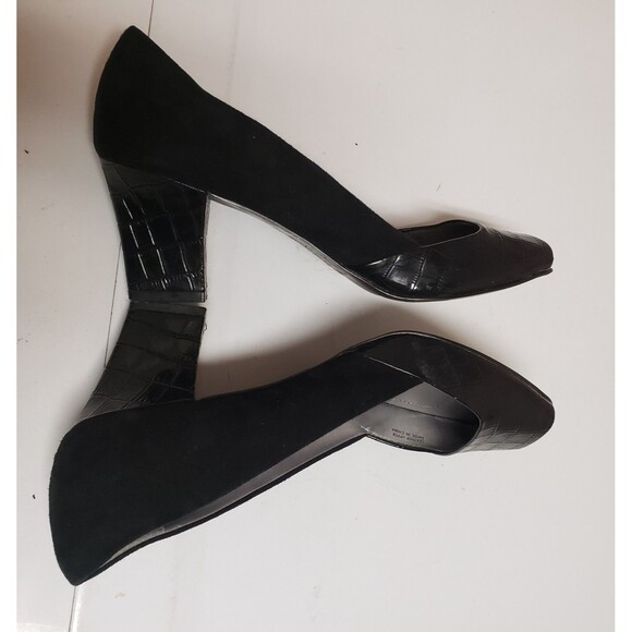 Tahari Women's Open Toe Black Suede Leather Croc Print Accent Heel Sz 10 PO Good - Picture 2 of 14
